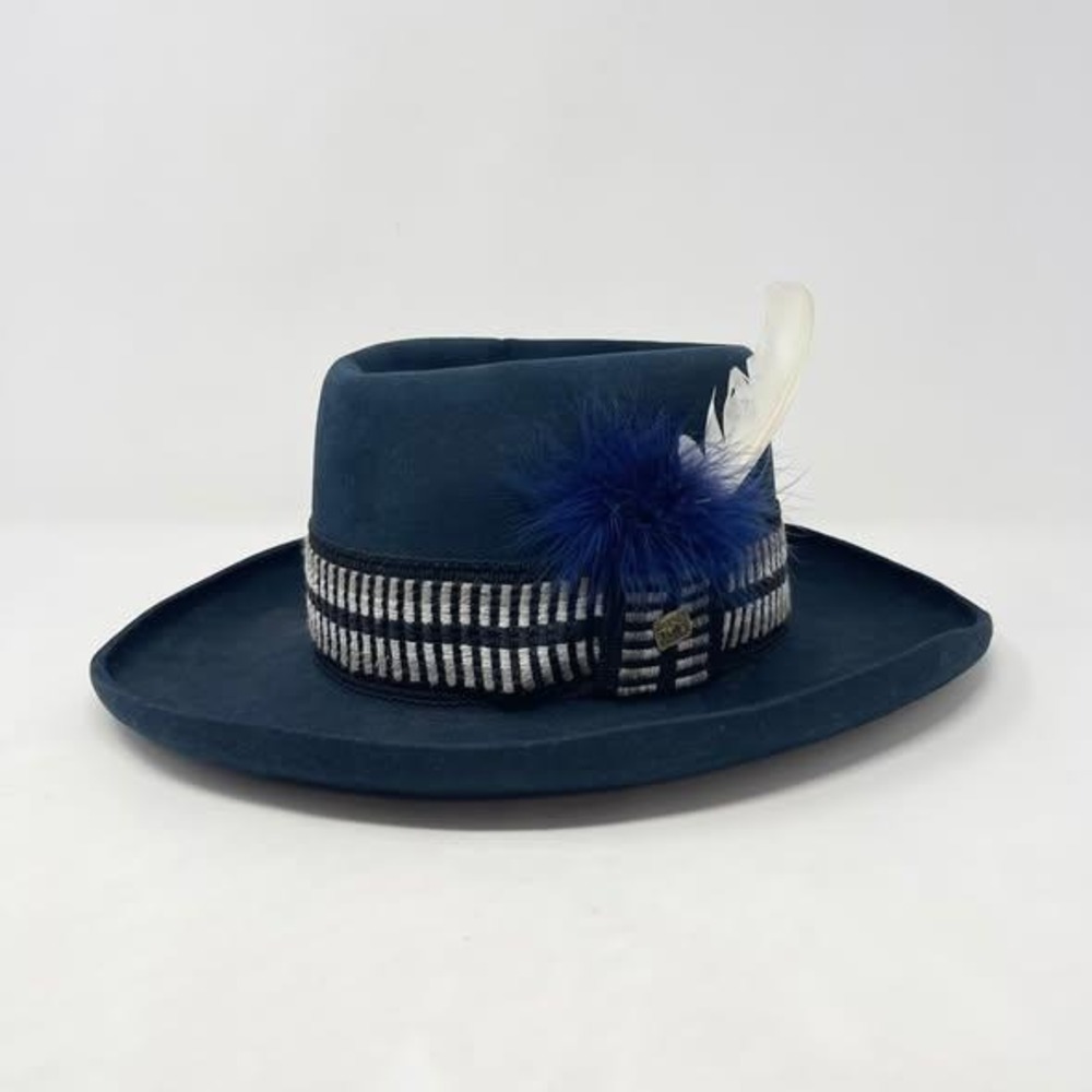Bailey New West Gambler Cowboy Hat Navy Blue Wool Felt Feathers Curled Brim S